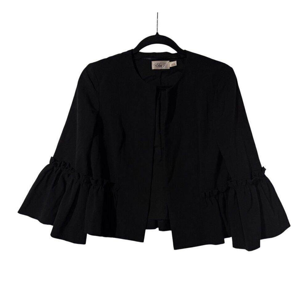 Eliza J Bell Sleeve Open Front Blazer Cropped Black Size 4 Ruffle Office Siren